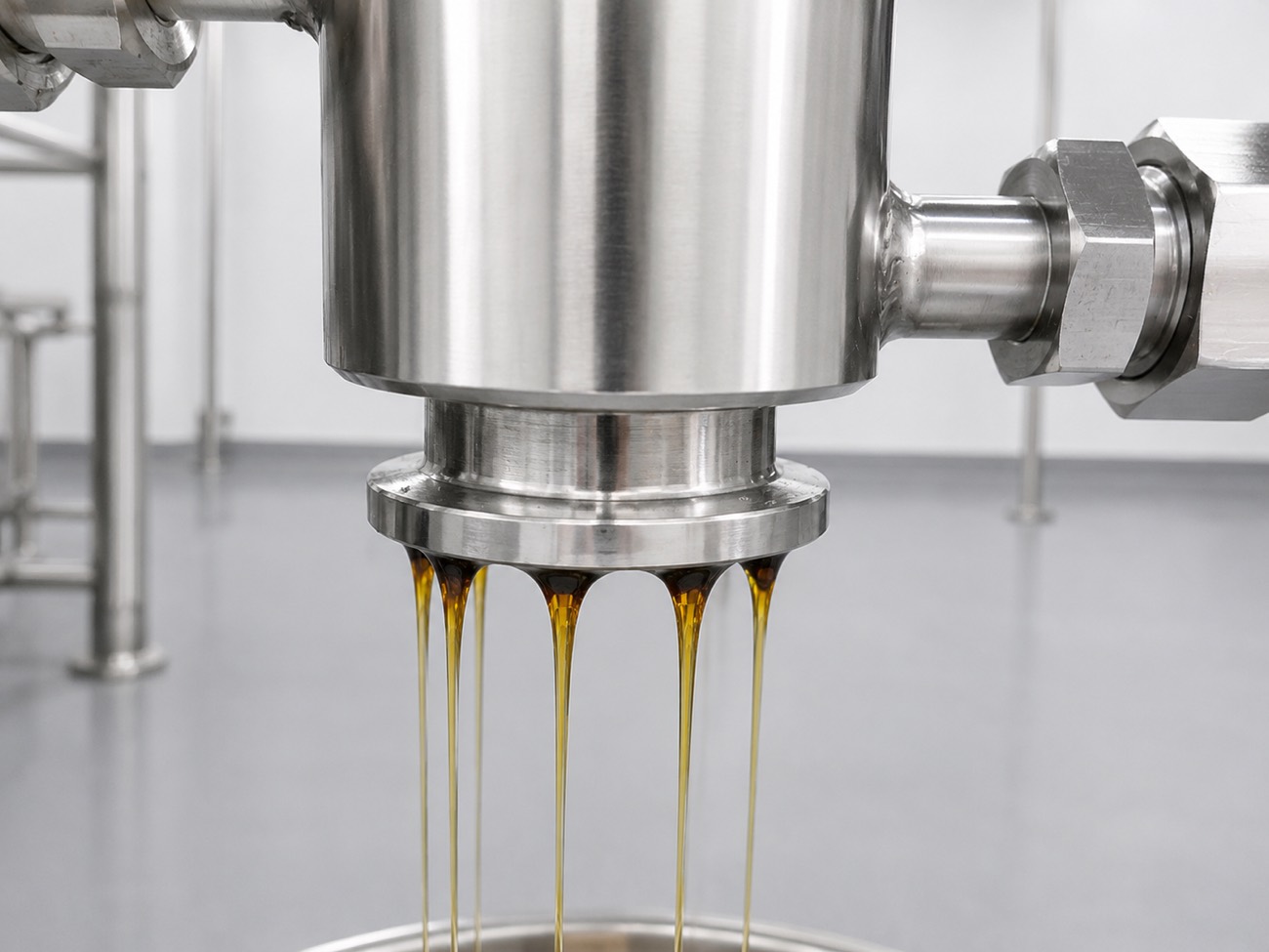 Golden cannabis distillate drawn from the extraction line at the Lupos Toronto facility