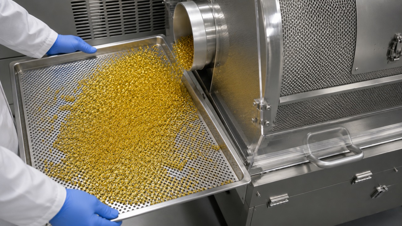 Golden cannabis softgels at the tumble dryer in the Lupos Markham facility